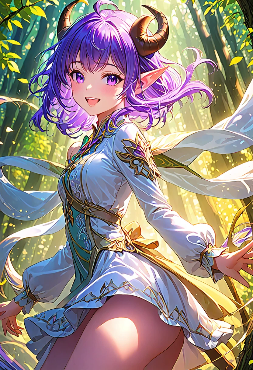 masterpiece, Highest quality, Very detailed, High resolution, An expensive solution, High resolution, masterpiece, depth, Fine texture, Highest quality, Total concentration, (very pretty anime Elf Girl), (Beautiful Gothic Elf Woman, Young Elves, Elf Girl, pretty girl, Young girl),Has horns on its headがある, Grin, smile, (A chic dress with beautiful details, Fluffy long sleeves, ), Purple eyes, Long eyelashes, Low angle shot、eyeliner, Tight waist, ( Purple Hair), (Light Hair, Long Hair), bangs, Gradient Hair), Shiny Hair, Forest as a background, Fantasy art, 8k high quality detailed art, A fusion of realism and colorful fantasy, Gothic art style, Fantasy art style, a beautiful fantasy Young Elves, CGI anime Fantasy artwork, charm, Seductive posture, Standing posture,Vibrant colors, 自信に満ちたsmile, gentle smile, Beautiful attention to detail, Beautiful lip detail, Very detailed目と顔, Long eyelashes, Vibrant colors, Professional, Very detailedな, Intricate details, Volumetric lighting, Lens flare, particle,(White and platinum color scheme), mysterious, mysteriousな.Has horns on its head,Standing posture、Low angle shot