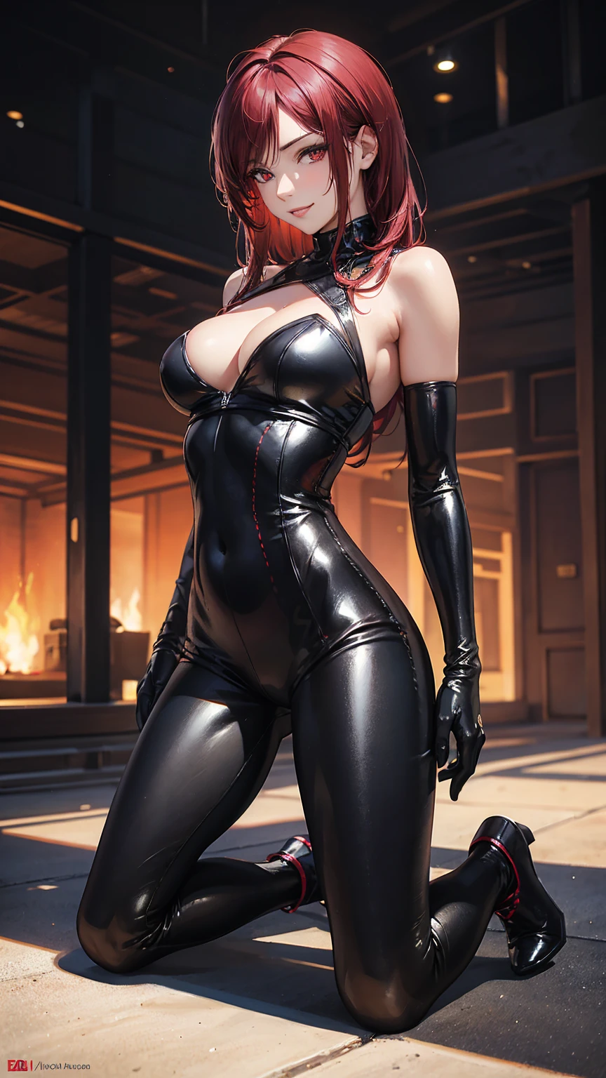 1 woman, kneeling, with seductive expression, loving smile, view from front, detailed eyes, pose sexy, long dark crimson hair, his super detailed glowing eyes, Full lips painted red, chiseled physique and wide hips. He wears a closed black leather jumpsuit., whose shiny surface accentuates its shape. Walking on a sunny beach, This image oozes realism., capturing the essence of a fragile figure. digital art, photorealistic and high definition technique