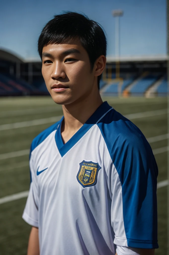 young asian man Looking at the camera in a sports shirt , Fieldside, beach, sunlight, looking at the football field