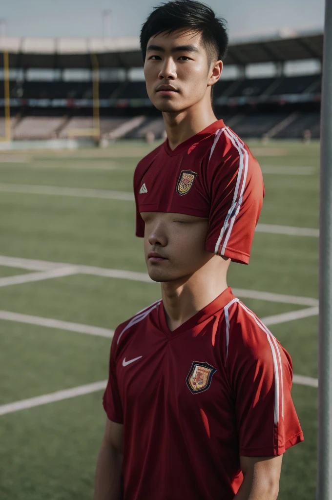 young asian man Looking at the camera in a sports shirt , Fieldside, beach, sunlight, looking at the football field