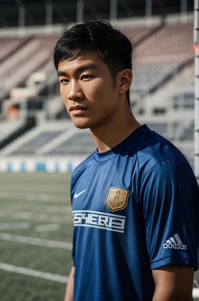 young asian man Looking at the camera in a sports shirt , Fieldside, beach, sunlight, looking at the football field