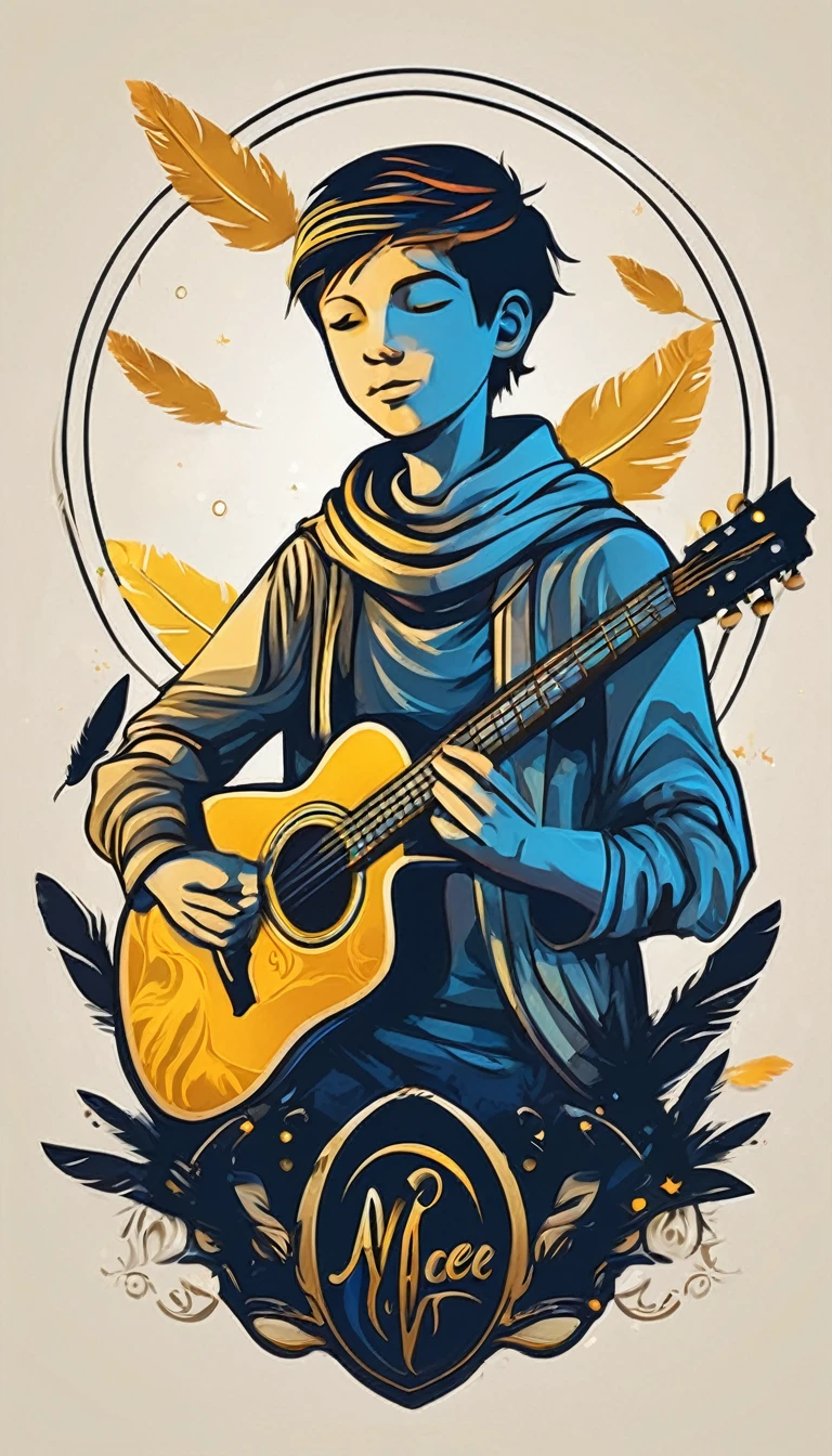 Create a minimalistic, simple, fantastic, easy to understand, logo design of a boy playing acoustic guitar and a feather for an upcoming Fantasy Role Playing Game called " Penamemoria". The game is about a world full of birds and feathers. A boy with an acoustic guitar enters that world and discovers his true artistic identity. Create a logo design that transmits the essence of this videogame and the creative, inspirational journey of the boy. It´s a fantasy game, with fantasy elements. Create the logo in the center and a fantasy theme as background. Use the colours light blue, white, yellow golden in the logo. The logo design must convey a sense of fantasy, dreams, memories and music. Must convey a feeling of being a true Dreamer