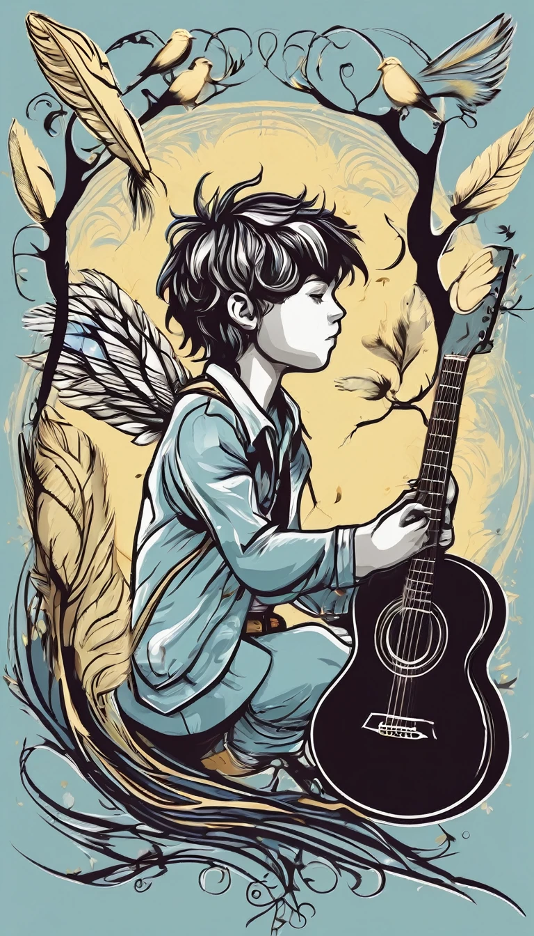 Create a minimalistic, simple, fantastic, easy to understand, logo design of a boy playing acoustic guitar and a feather for an upcoming Fantasy Role Playing Game called " Penamemoria". The game is about a world full of birds and feathers. A boy with an acoustic guitar enters that world and discovers his true artistic identity. Create a logo design that transmits the essence of this videogame and the creative, inspirational journey of the boy. It´s a fantasy game, with fantasy elements. Create the logo in the center and a fantasy theme as background. Use the colours light blue, white, yellow golden in the logo. The logo design must convey a sense of fantasy, dreams, memories and music. Must convey a feeling of being a true Dreamer