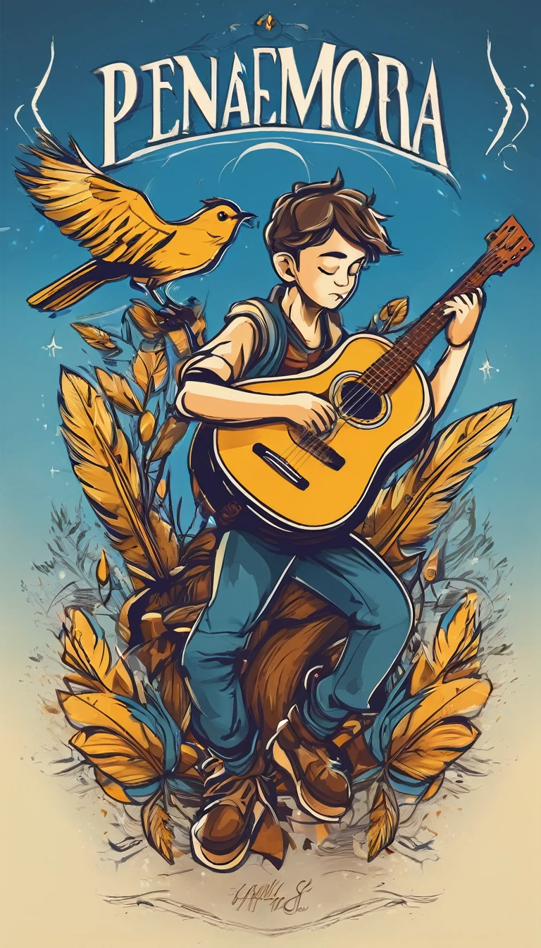 Create a minimalistic, simple, fantastic, easy to understand, logo design of a boy playing acoustic guitar and a feather for an upcoming Fantasy Role Playing Game called " Penamemoria". The game is about a world full of birds and feathers. A boy with an acoustic guitar enters that world and discovers his true artistic identity. Create a logo design that transmits the essence of this videogame and the creative, inspirational journey of the boy. It´s a fantasy game, with fantasy elements. Create the logo in the center and a fantasy theme as background. Use the colours light blue, white, yellow golden in the logo. The logo design must convey a sense of fantasy, dreams, memories and music. Must convey a feeling of being a true Dreamer