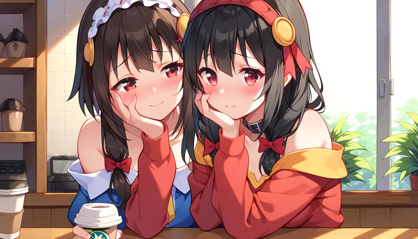 ((2girls:1.3)), ((moe style:1.3)), ((coffee shop:1.3)), ((phone:1.3)), ((hand on other's face:1.3)), teasing, cowboy shot, yuri, ((black hair:1.3)), megumin (konosuba), yunyun (konosuba), ((shy:1.3)), blush, ((perfect face)), ((extremely cute:1.3)), ((masterpiece:1.3)), ((8k)), ((best quality:1.3)), ((beautiful)), ((extremely detailed:1.3)) , ((absurdres)), AddXL, ((score_9:1.3)), ((score_8_up:1.3)), ((score_7_up:1.3)), Expressiveh