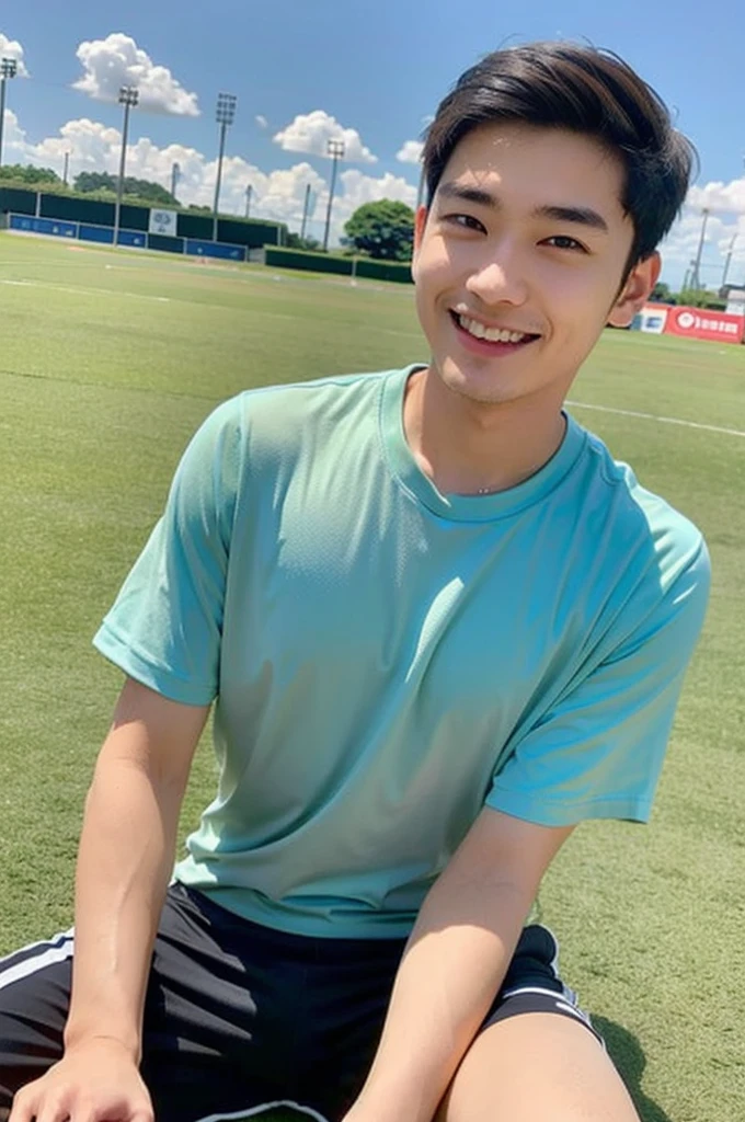 young asian man Looking at the camera in a sports shirt , Fieldside, beach, sunlight, looking at the football field