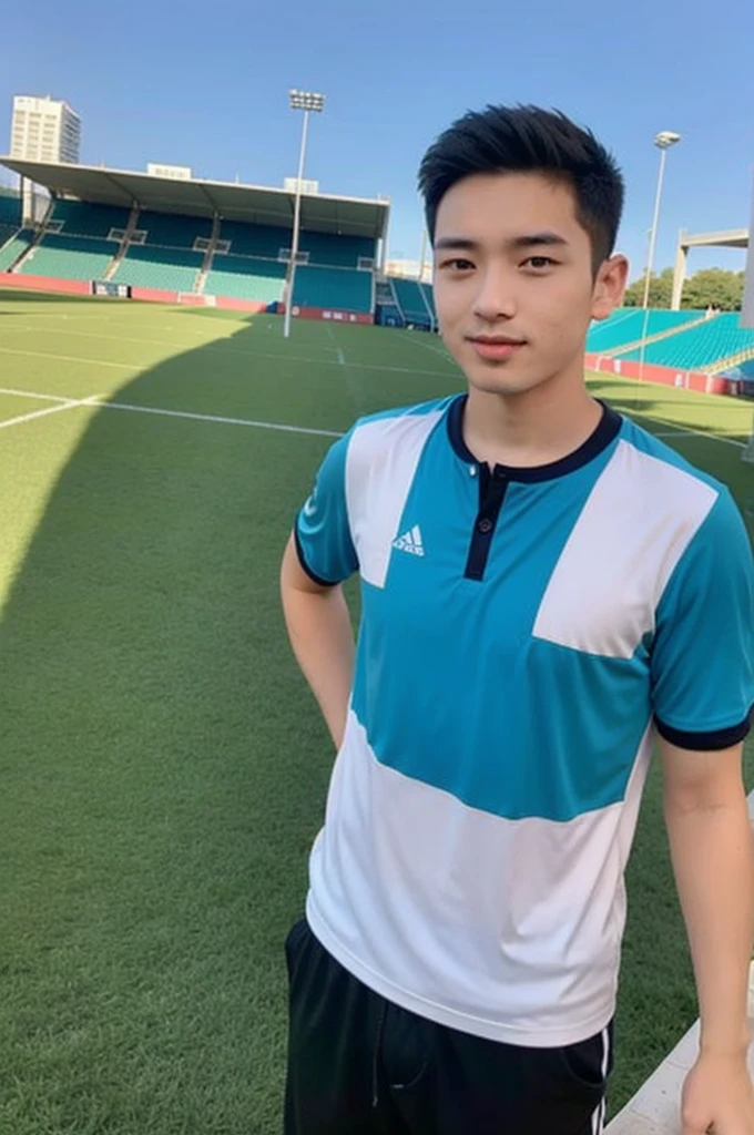 young asian man Looking at the camera in a sports shirt , Fieldside, beach, sunlight, looking at the football field