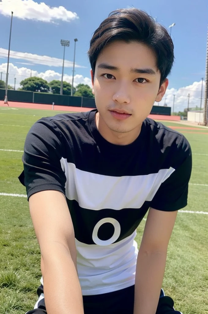 young asian man Looking at the camera in a sports shirt , Fieldside, beach, sunlight, looking at the football field