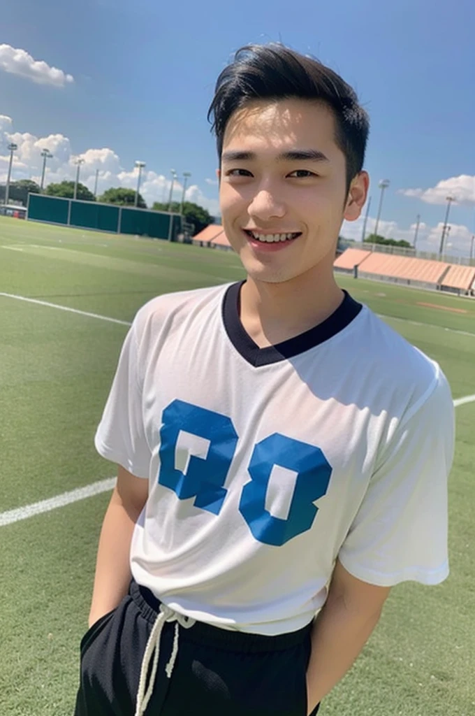 young asian man Looking at the camera in a sports shirt , Fieldside, beach, sunlight, looking at the football field