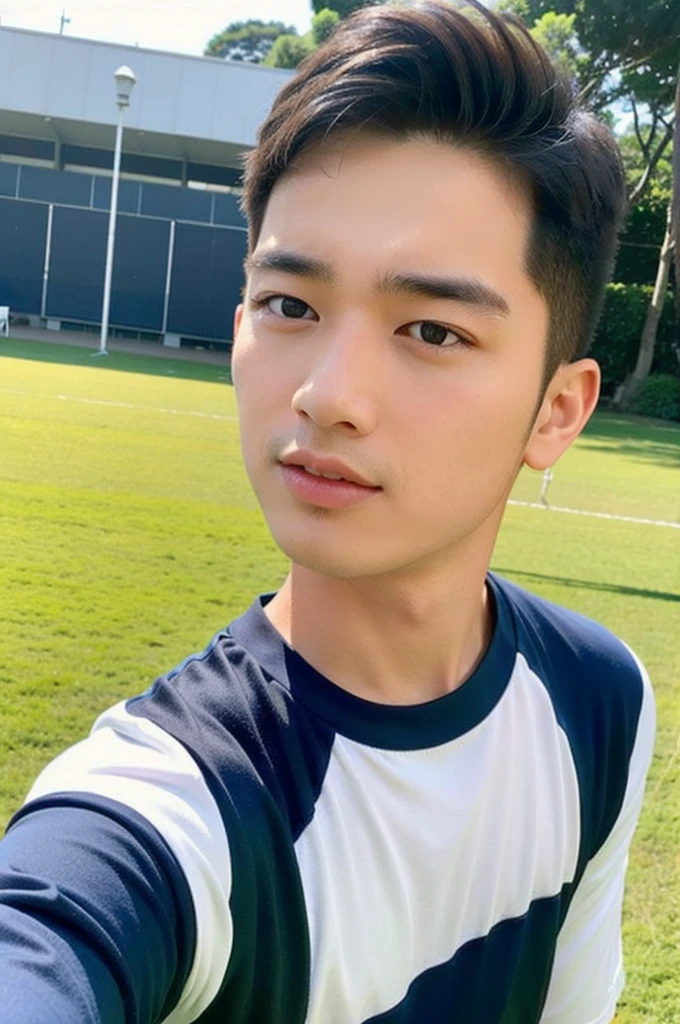 young asian man Looking at the camera in a sports shirt , Fieldside, beach, sunlight, looking at the football field