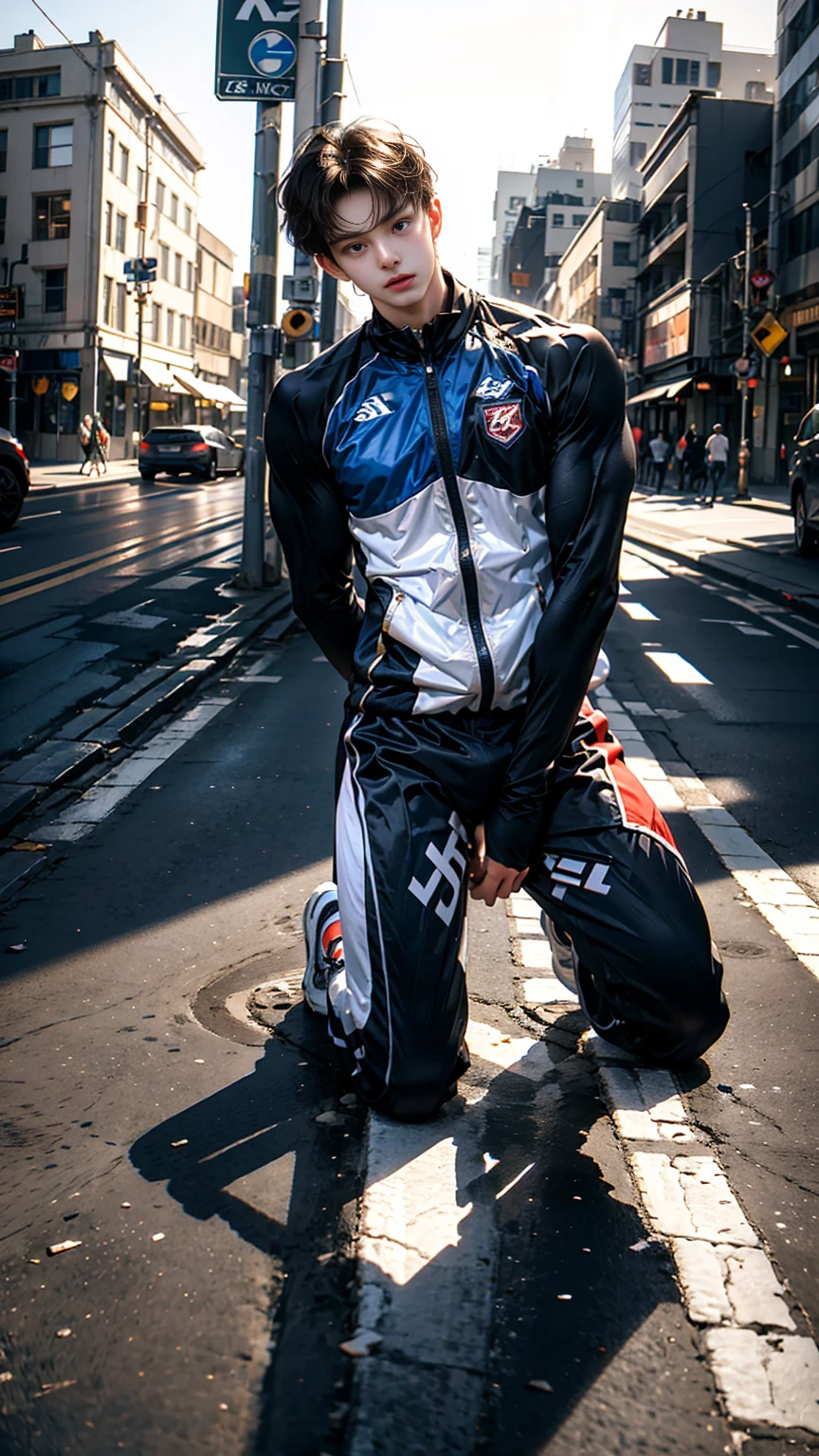 masterpiece,best quality,Realistic style, (A well-built 18-year-old tall boy:1.2), (Kneeling upright in the street:1.2),Orange tight cycling suit,male,(Broad shoulders),Muscular shoulders,(Extremely strong body),Fitness,Inverted triangle figure,Biceps,(Frontal upward perspective), Muscular body,Small head,(Handsome and cute face),V-Shaped Face,Perfectly detailed facial features,sports shoes,Looking at the camera,An angry and serious expression,leaning back,head tilt, happy, very short hair, brown hair,(looking at viewer:1.2),Anatomically correct,Wide-angle lens