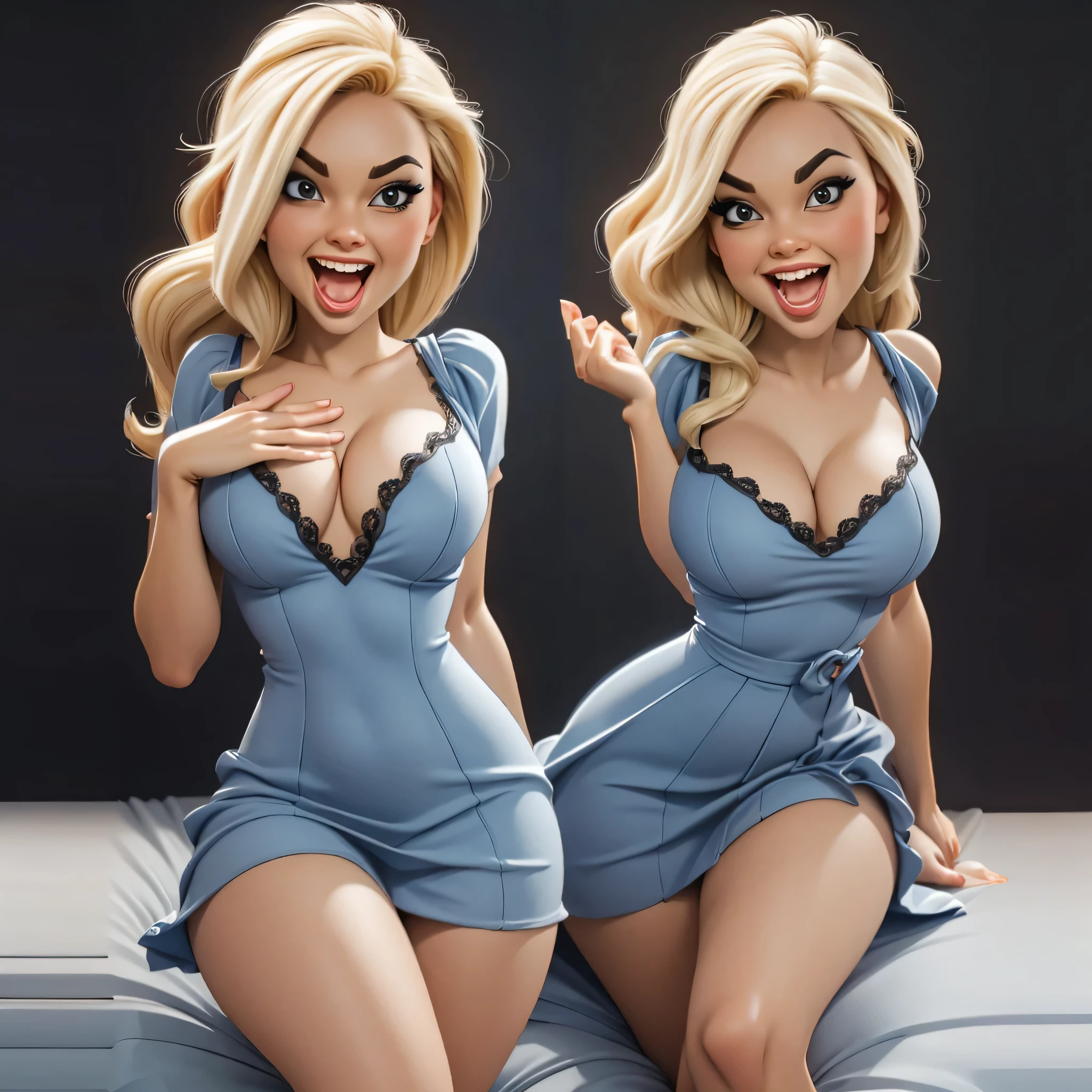 high detailed, masterpiece  1girl cartoon character in blue dress, long blonde hair, lewd expression, open mouth, tonge out, laid back on a bed doing the splits and showing the viewer her vagina, looking at viewer, perfect hands, big perky breasts, wide hips, thick thighs, ultra realistic digital art, a 3D render, photorealism, clean scene, black background, black wall