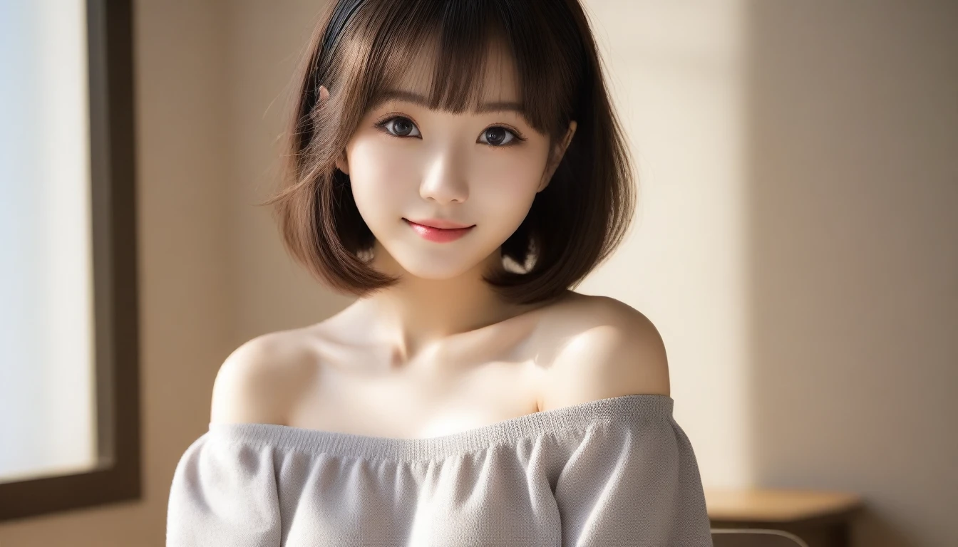 8K, Ultra-high resolution, Highest quality, masterpiece, 三分割法によるphotograph,Surreal, photograph, 1 Girl, (:1.3), pretty girl, Cute face, Beautiful eyes in every detail, 細かくdetailedに,masterpiece,, One Girl:1.2, Japan Female Announcer, Virginia Otis 15 year old up,backlighting,Bob with bangs,(Black ribbon hair band)、(Brown eyeball:1.5),Brown Hair,(Off-the-shoulder outfit:1.5),Sexually suggestive side boob、small breasts and narrow waist、Perfect figure,Perfect Proportions,View your viewers,(Office Room,Inside the room,にdetailedな背景:1.2),smile,Glossy Skin, Real skin texture, Natural light, Best lighting, detailedの背景, Shading of details, Sharp focus, Depth of written interface f/2, saturation, High contrast, 強烈なLight and shadow色気ムンムン,Sensual,A carefree smile,Heal the heart、beauty,Long neck、少しsmile、Please close your mouth and laugh、(((Ideal body type))),A cup small breasts :2,、Portraiture:2、Perfect Anatomy、なdetailed、detailed、Surreal、Light and shadow,Strong light