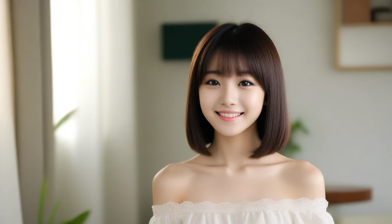 8K, Ultra-high resolution, Highest quality, masterpiece, 三分割法によるphotograph,Surreal, photograph, 1 Girl, (:1.3), pretty girl, Cute face, Beautiful eyes in every detail, 細かくdetailedに,masterpiece,, One Girl:1.2, Japan Female Announcer, Virginia Otis 15 year old girl,close up,backlighting,Bob with bangs,(Black ribbon hair band)、(Brown eyeball:1.5),Brown Hair,(Off-the-shoulder outfit:1.5),Sexually suggestive side boob、small breasts and narrow waist、Perfect figure,Perfect Proportions,View your viewers,(Office Room,Inside the room,にdetailedな背景:1.2),smile,Glossy Skin, Real skin texture, Natural light, Best lighting, detailedの背景, Shading of details, Sharp focus, Depth of written interface f/2, saturation, High contrast, 強烈なLight and shadow色気ムンムン,Sensual,A carefree smile,Heal the heart、beauty,Long neck、少しsmile、Please close your mouth and laugh、(((Ideal body type))),A cup small breasts :2,、Portraiture:2、Perfect Anatomy、なdetailed、detailed、Surreal、Light and shadow,Strong light
