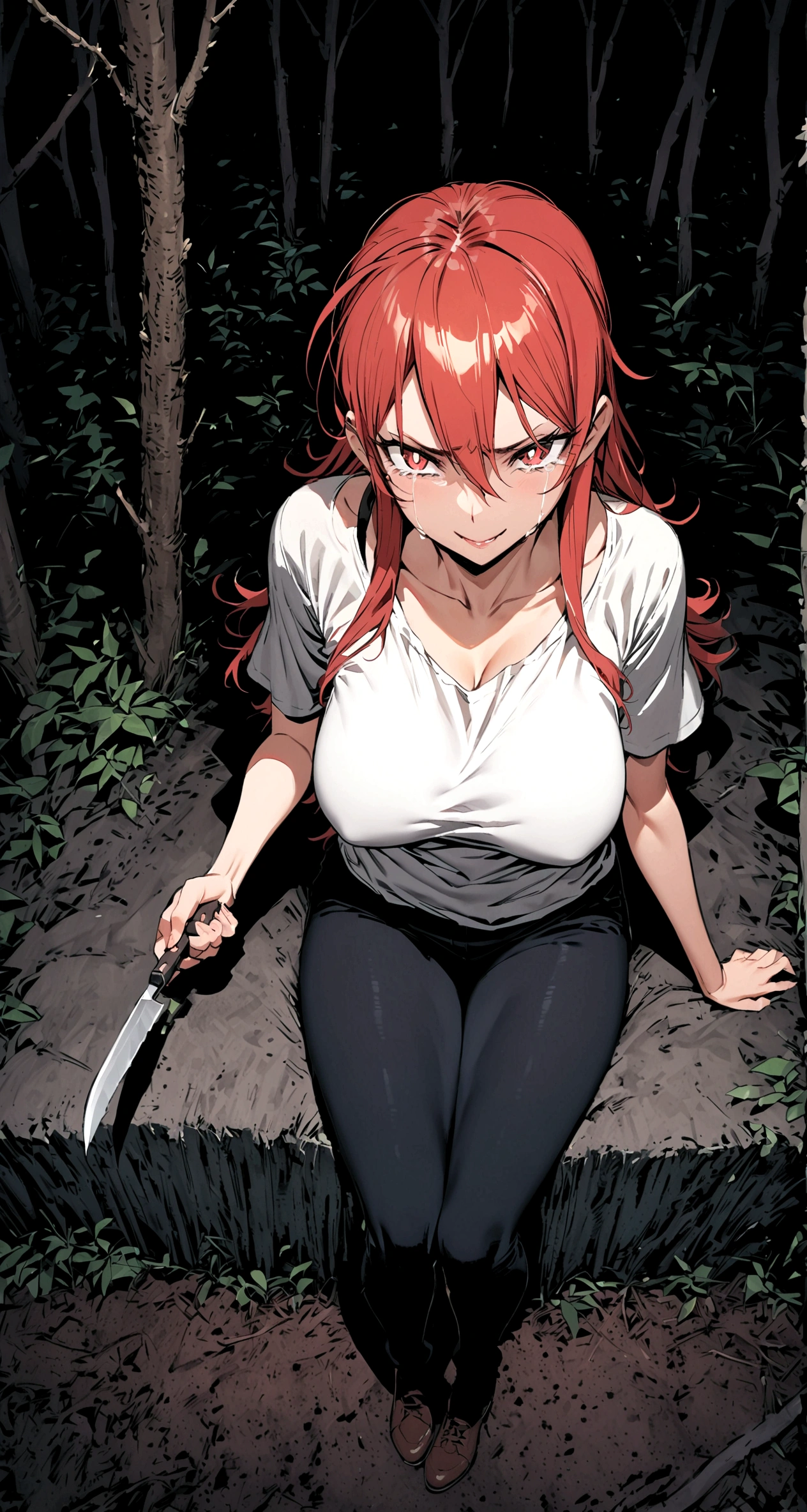 (Masterpiece:1.2, Best Quality), 1 woman, whole body, T-shirt, Casual, big breasts,long red hair, minimal makeup,pale,Natural fabrics, closeup face, evil smile, bright red eyes circular pupils,8K high resolution, detailed lines, ((whole body)), sitting in the dark forest, crying,with a knife in his hands, sangré 