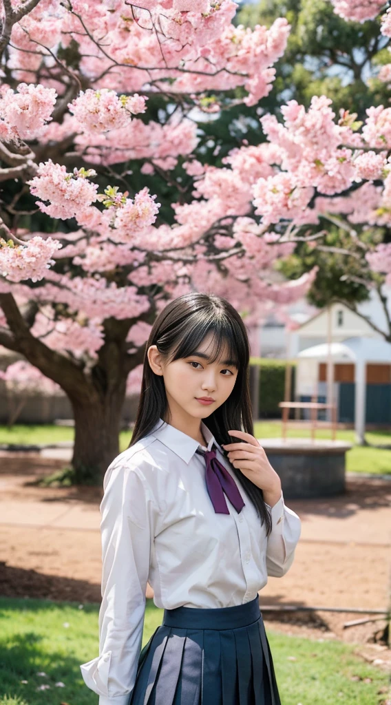 Japanese high school girl posing in the schoolyard in the evening。She is wearing a white shirt and a navy blue pleated skirt.、wearing a red ribbon tie。The sleeves of the shirt are slightly rolled up、A simple silver bracelet shines on her wrist, visible through the cuffs of her sleeves.。The model has naturally straight, shoulder-length black hair.、Bangs should be slightly over the eyebrows。Her skin is translucently white、Gives off a healthy glow。

In the background is a large schoolyard.、You can see some rusty iron bars and playground equipment.。The sky is dyed with the sunset、orange、pink、The purple gradation spreads beautifully.。There is a large cherry blossom tree behind the model.、The leaves are swaying in the wind。There are some weeds growing at my feet.、Gives a sense of reality。

The lighting is soft and natural, gently enveloping the model.、Warm hues illuminate her face and uniform.。She has a natural smile、Her left hand is lightly lifting the edge of her skirt。The right hand is placed on the hip、The pose is relaxed yet somewhat confident.。Her eyes are on the camera、She has a pure and bright expression.。

Overall、A fusion of the freshness of youth and the calm atmosphere of the evening.、The aim is to create an elegant yet approachable photographic image.。
