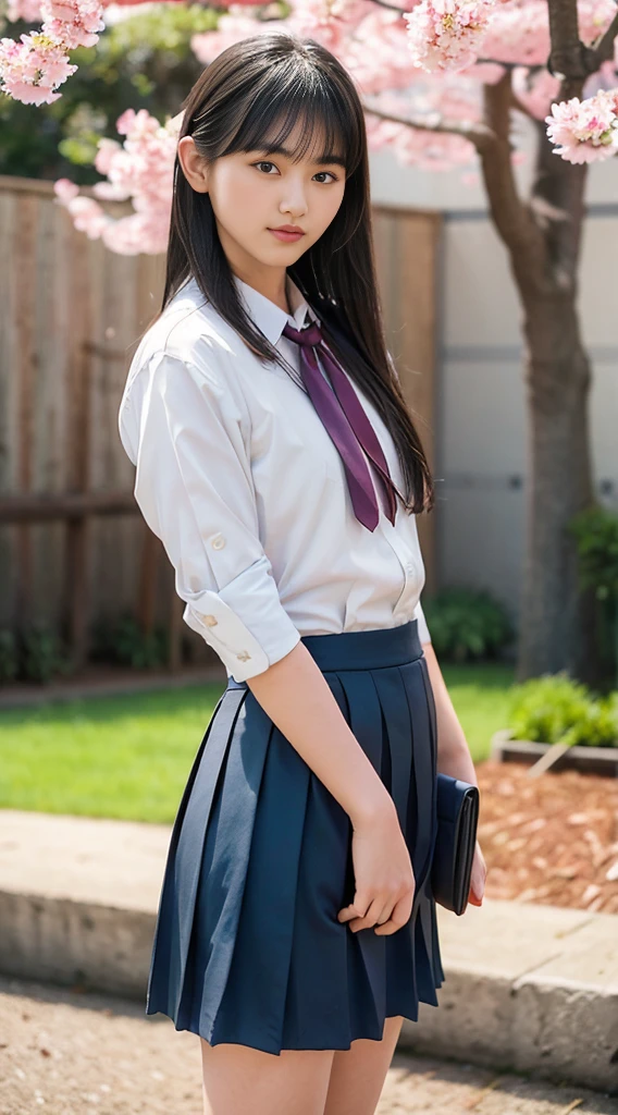 Japanese high school girl posing in the schoolyard in the evening。She is wearing a white shirt and a navy blue pleated skirt.、wearing a red ribbon tie。The sleeves of the shirt are slightly rolled up、A simple silver bracelet shines on her wrist, visible through the cuffs of her sleeves.。The model has naturally straight, shoulder-length black hair.、Bangs should be slightly over the eyebrows。Her skin is translucently white、Gives off a healthy glow。

In the background is a large schoolyard.、You can see some rusty iron bars and playground equipment.。The sky is dyed with the sunset、orange、pink、The purple gradation spreads beautifully.。There is a large cherry blossom tree behind the model.、The leaves are swaying in the wind。There are some weeds growing at my feet.、Gives a sense of reality。

The lighting is soft and natural, gently enveloping the model.、Warm hues illuminate her face and uniform.。She has a natural smile、Her left hand is lightly lifting the edge of her skirt。The right hand is placed on the hip、The pose is relaxed yet somewhat confident.。Her eyes are on the camera、She has a pure and bright expression.。

Overall、A fusion of the freshness of youth and the calm atmosphere of the evening.、The aim is to create an elegant yet approachable photographic image.。
