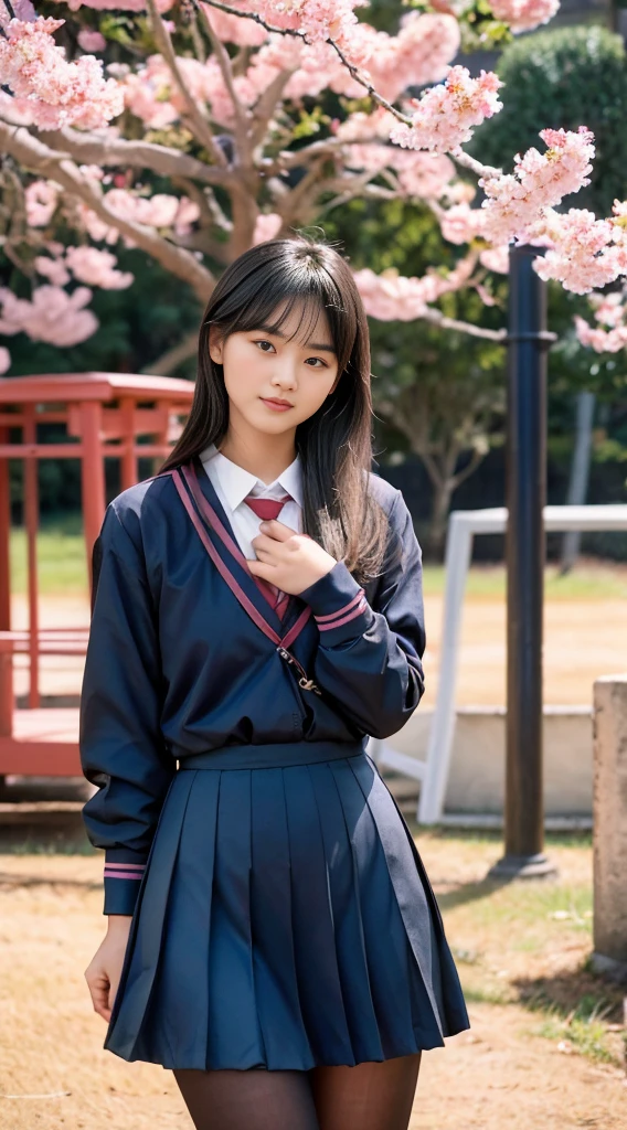 Japanese high school girl posing in the schoolyard in the evening。She is wearing a white shirt and a navy blue pleated skirt.、wearing a red ribbon tie。The sleeves of the shirt are slightly rolled up、A simple silver bracelet shines on her wrist, visible through the cuffs of her sleeves.。The model has naturally straight, shoulder-length black hair.、Bangs should be slightly over the eyebrows。Her skin is translucently white、Gives off a healthy glow。

In the background is a large schoolyard.、You can see some rusty iron bars and playground equipment.。The sky is dyed with the sunset、orange、pink、The purple gradation spreads beautifully.。There is a large cherry blossom tree behind the model.、The leaves are swaying in the wind。There are some weeds growing at my feet.、Gives a sense of reality。

The lighting is soft and natural, gently enveloping the model.、Warm hues illuminate her face and uniform.。She has a natural smile、Her left hand is lightly lifting the edge of her skirt。The right hand is placed on the hip、The pose is relaxed yet somewhat confident.。Her eyes are on the camera、She has a pure and bright expression.。

Overall、A fusion of the freshness of youth and the calm atmosphere of the evening.、The aim is to create an elegant yet approachable photographic image.。
