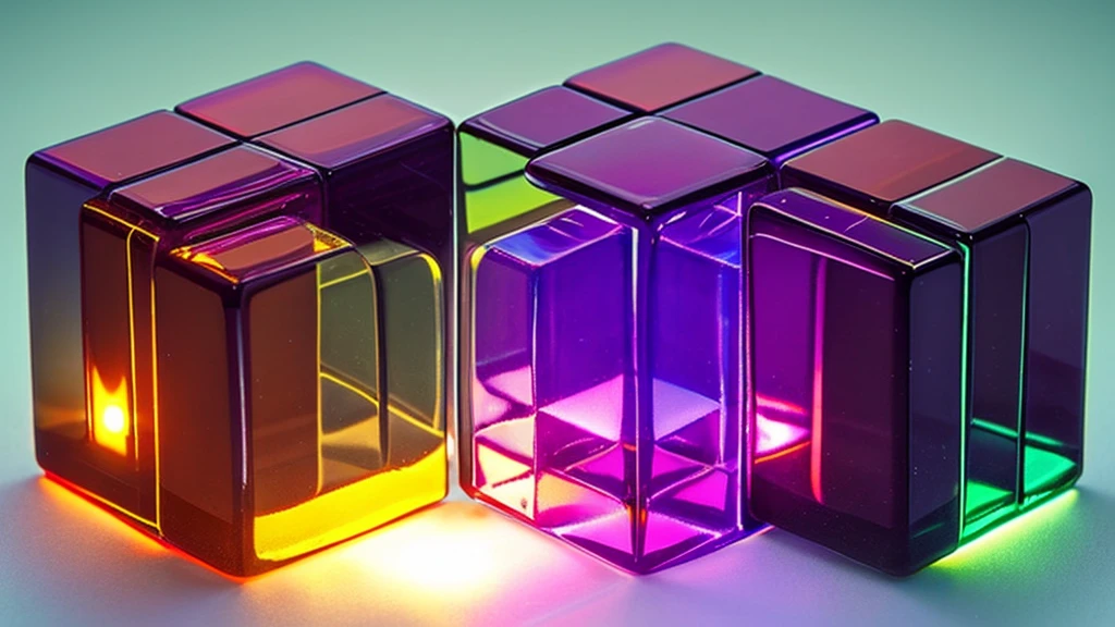 Create an image of a transparent cube filled with bigger large four cubes in various colors such as green, purple, orange, and brown. The cubes should appear to be one on one, reflecting light to create a vibrant and glossy effect. The background should be a gradient from dark at the top to light at the bottom.