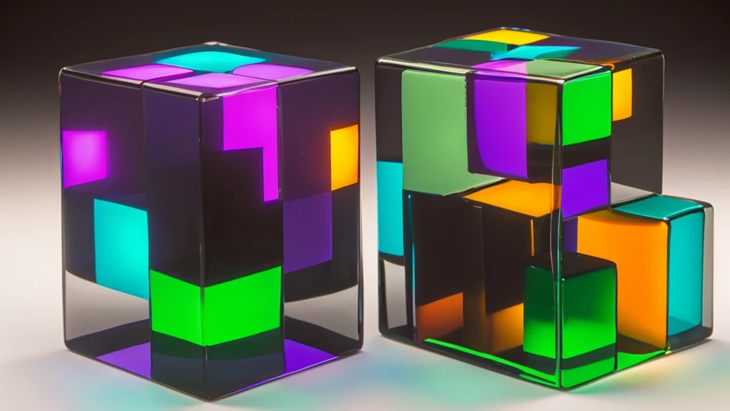 Create an image of a transparent cube filled with bigger large four cubes in various colors such as green, purple, orange, and brown. The cubes should appear to be one on one, reflecting light to create a vibrant and glossy effect. The background should be a gradient from dark at the top to light at the bottom.