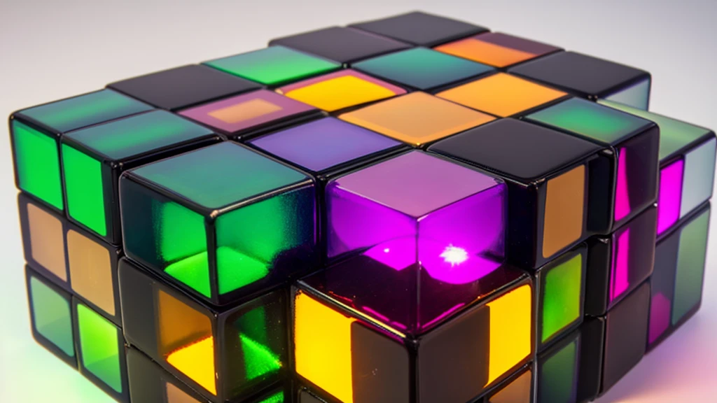 Create an image of a transparent cube filled with bigger large four cubes in various colors such as green, purple, orange, and brown. The cubes should appear to be one on one, reflecting light to create a vibrant and glossy effect. The background should be a gradient from dark at the top to light at the bottom.