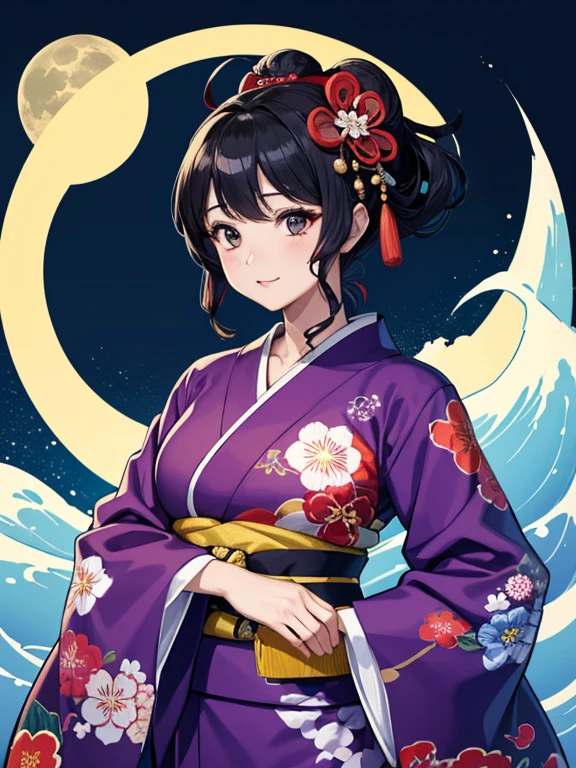 (Highest quality、masterpiece、High resolution、8K)、Ukiyo-e、Vibrant colors、Katsushika Hokusai、1 female、Black hair Japanese topknot、whole body、The kimono has a vivid floral pattern on a white background.、Official Art、背景はUkiyo-e風、White waves and Mt. Fuji、Flowers and Moon、White waves and the moon