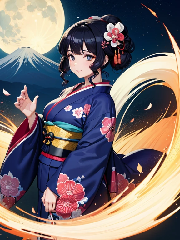 (Highest quality、masterpiece、High resolution、8K)、Ukiyo-e、Vibrant colors、Katsushika Hokusai、1 female、Black hair Japanese topknot、whole body、The kimono has a vivid floral pattern on a white background.、Official Art、背景はUkiyo-e風、White waves and Mt. Fuji、Flowers and Moon、White waves and the moon