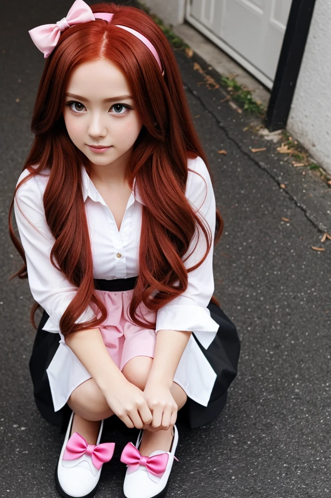 Create a with long red hair, dark brown eyes, pink dress, black shoes and a white bow in her hair,
anime manga