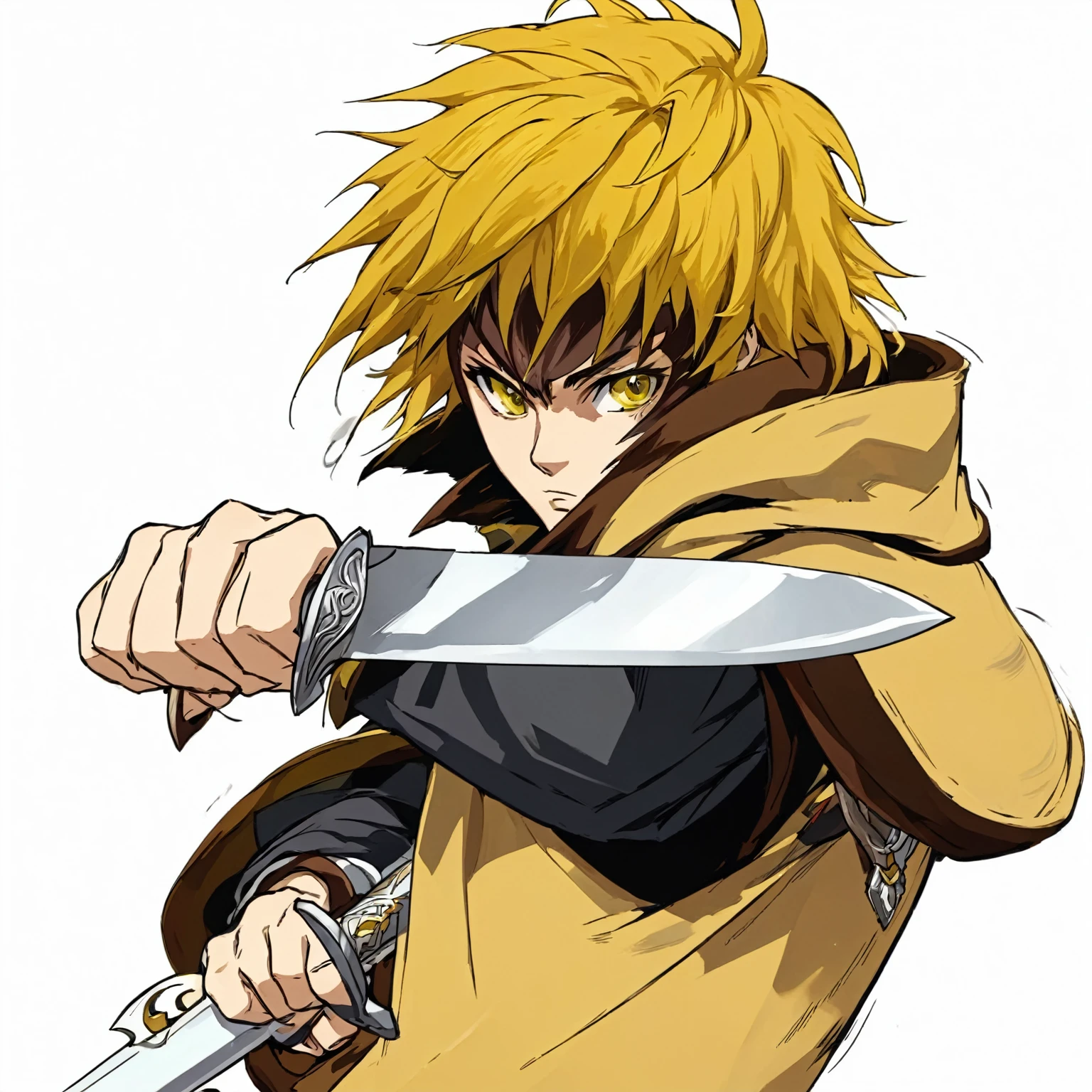 anime character with yellow hair holding a dagger in his hand, kentaro miura manga art style, key anime art, high quality colored sketch, striking manga artstyle, badass pose, best anime character design, advanced digital anime art, trigger anime artstyle, thorfinn, vinland saga, angry face, brown furs in collars and sleeve, fur on sleeve and collar