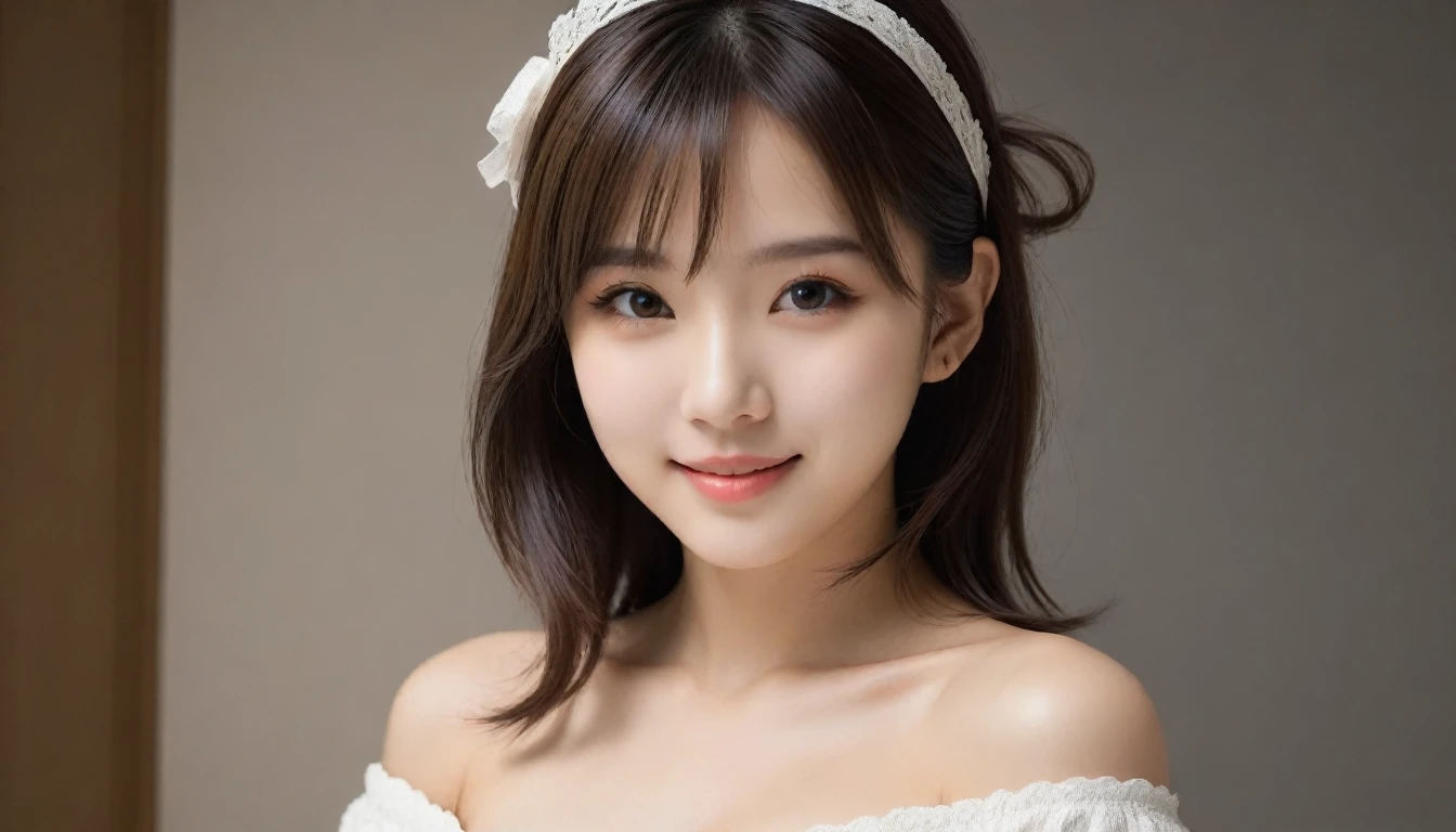 8K, Ultra-high resolution, Highest quality, masterpiece, 三分割法によるphotograph,Surreal, photograph, 1 Girl, (:1.3), pretty girl, Cute face, Beautiful eyes in every detail, 細かくdetailedに,masterpiece,, One Girl:1.2, Japan Female Announcer, Virginia Otis 15 year old girl,close up,backlighting,Bob with bangs,(Black ribbon hair band)、(Brown eyeball:1.5),Brown Hair,(Off-the-shoulder outfit:1.5),Sexually suggestive side boob、small breasts and narrow waist、Perfect figure,Perfect Proportions,View your viewers,(Office Room,Inside the room,にdetailedな背景:1.2),smile,Glossy Skin, Real skin texture, Natural light, Best lighting, detailedの背景, Shading of details, Sharp focus, Depth of written interface f/2, saturation, High contrast, 強烈なLight and shadow色気ムンムン,Sensual,A carefree smile,Heal the heart、beauty,Long neck、少しsmile、Please close your mouth and laugh、(((Ideal body type))),A cup small breasts :2,、Portraiture:2、Perfect Anatomy、なdetailed、detailed、Surreal、Light and shadow,Strong light