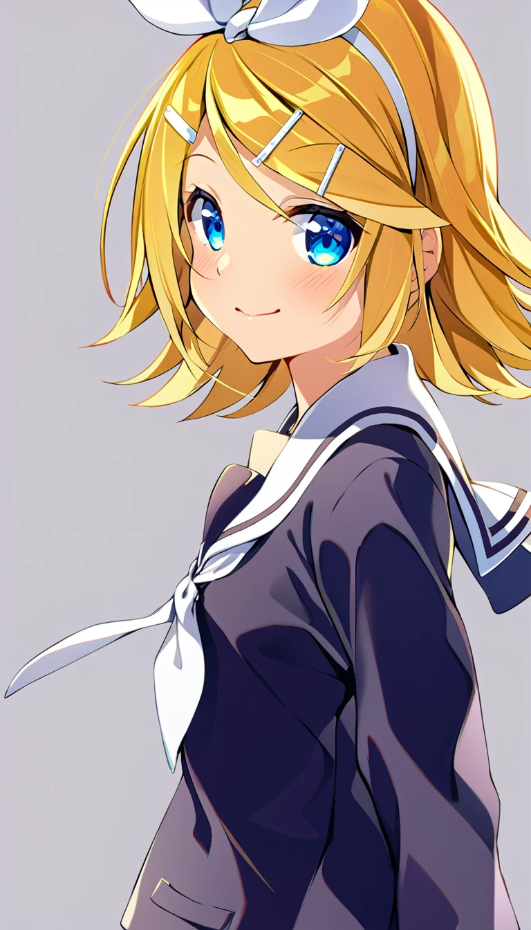 one girl, Kagamine Rin, Vocaloid, blue eyes, simple background, black sailor uniform, hair clip, hair bow, , cute, happy, from side