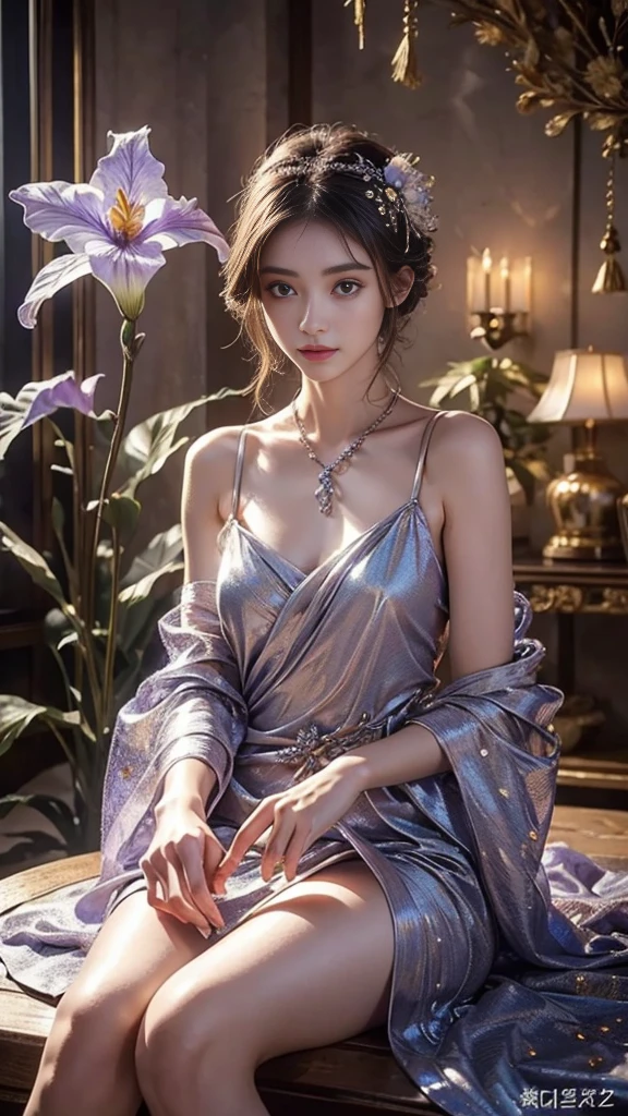Full figure, -clinging shooting, 18 years old, wearing  firefly clothes, strap clothes, glowing clothes, ornaments, exquisite faces, details, hands, ultimate details, amazing magnificence, Pedaipan style, fiber hair, glowing silver iris, ((glowing flower)), sitting,