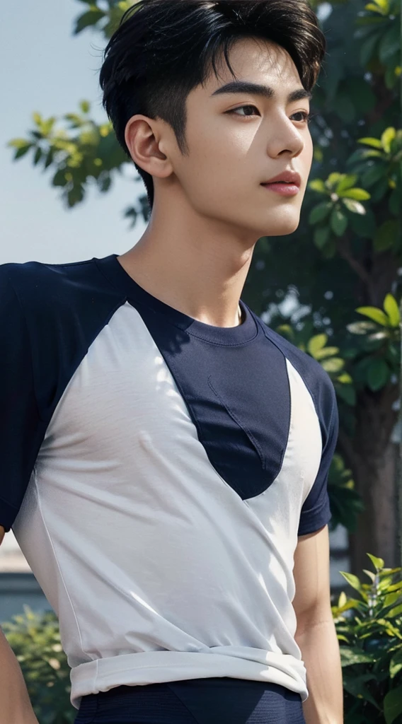 (As a matter of fact, Masterpiece, 8k HD, good light quality, sportswear, fit the face, complicated details), A handsome and muscular young Korean man., He has short, muscular hair in a buzzcut style. ,(Broad shoulders:1.3), 20 years old, be happy, smile brightly, detailed face, delicate eyes, มองดูsky, (Wear a navy tight T-shirt.:1.6), period, black eyes, Black hair color, ผมsmooth, smooth, outdoor sports, Along the garden, Sunny,sky,Surreal,Awesome details,Highest quality,real,(As a matter of fact, Masterpiece, 8k HD, good light quality, sportswear, fit the face, complicated details), A handsome and muscular young Korean man. มีกล้าม ,(Broad shoulders:1.3), 20 years old, be happy, smile brightly, detailed face, delicate eyes, มองดูsky, (Wear a navy tight T-shirt.:1.6), period, black eyes, Black hair color, ผมsmooth, smooth, outdoor sports, Along the garden, Sunny,sky,Surreal,Awesome details,Highest quality,real