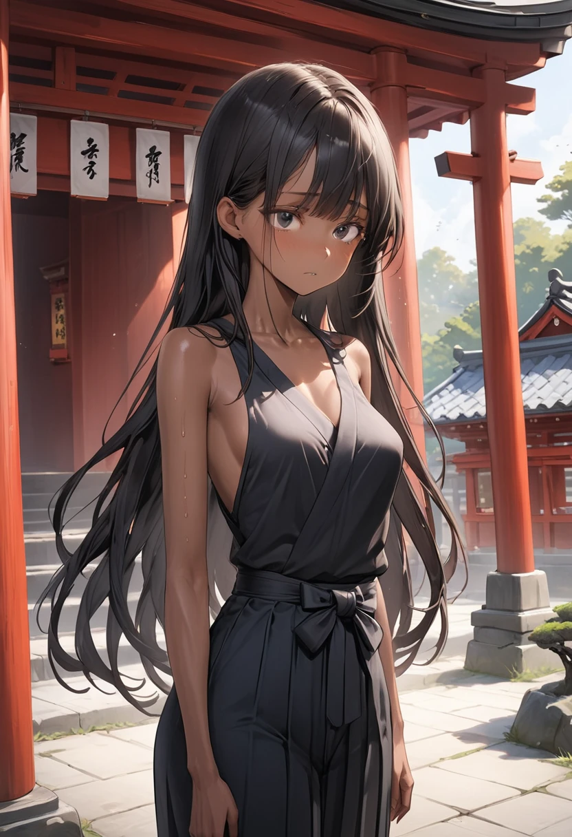 (masterpiece,Highest quality:1.3,best quality illustration),cowboy shot,1woman,25 year old Japanese beauty、black hair,long hair,bangs,black eyes,gorgeous eyes,((very small head:1.2)),shy,(very long body),medium breasts,(tan skin, gleaming skin,toned body,slender body, skinny),sweat,White kimono、Open chest、standing,shrine、