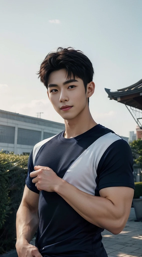 (As a matter of fact, Masterpiece, 8k HD, good light quality, sportswear, fit the face, complicated details), A handsome and muscular young Korean man., He has short, muscular hair in a buzzcut style. ,(Broad shoulders:1.3), 20 years old, be happy, smile brightly, detailed face, delicate eyes, มองดูsky, (Wear a navy tight T-shirt.:1.6), period, black eyes, Black hair color, ผมsmooth, smooth, outdoor sports, Along the garden, Sunny,sky,Surreal,Awesome details,Highest quality,real,(As a matter of fact, Masterpiece, 8k HD, good light quality, sportswear, fit the face, complicated details), A handsome and muscular young Korean man. มีกล้าม ,(Broad shoulders:1.3), 20 years old, be happy, smile brightly, detailed face, delicate eyes, มองดูsky, (Wear a navy tight T-shirt.:1.6), period, black eyes, Black hair color, ผมsmooth, smooth, outdoor sports, Along the garden, Sunny,sky,Surreal,Awesome details,Highest quality,real