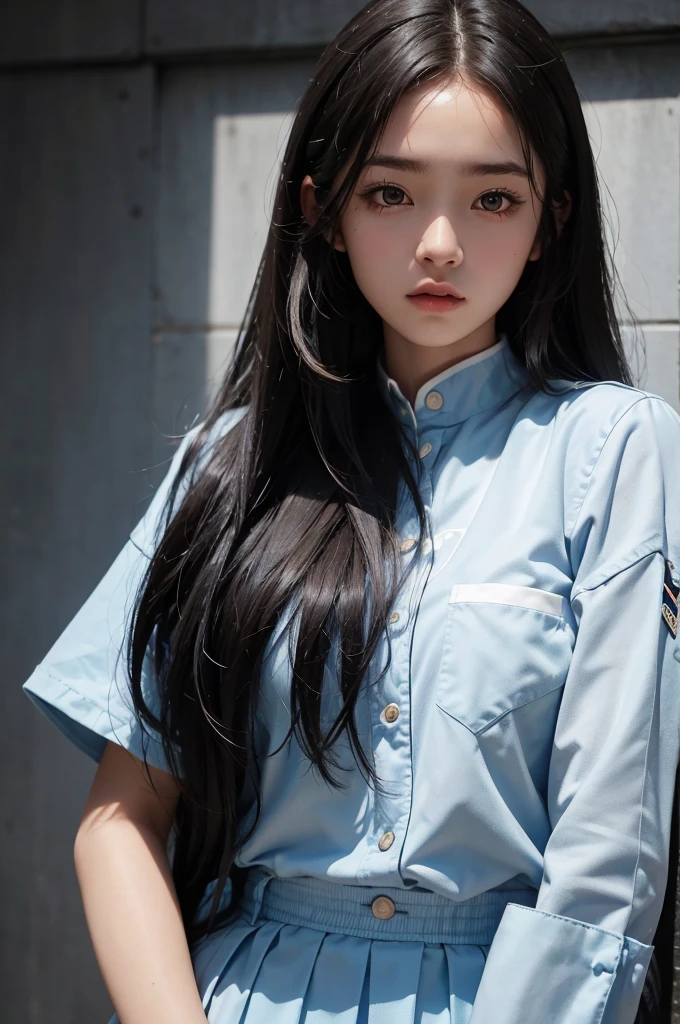20 year old girl, blue long sleeve-shirt, short skirt, long hair, high contrast (Natural skin texture, Hyperrealism, Soft Light, sharp), portrait, standing, korean