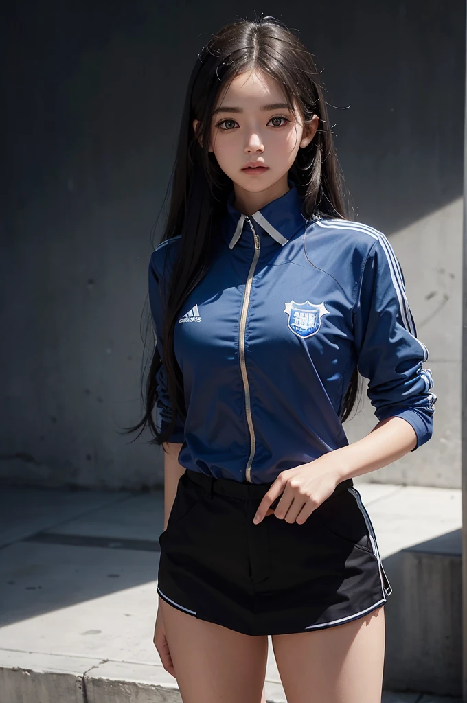 20 year old girl, blue sport uniform, long hair, high contrast (Natural skin texture, Hyperrealism, Soft Light, sharp), portrait, standing