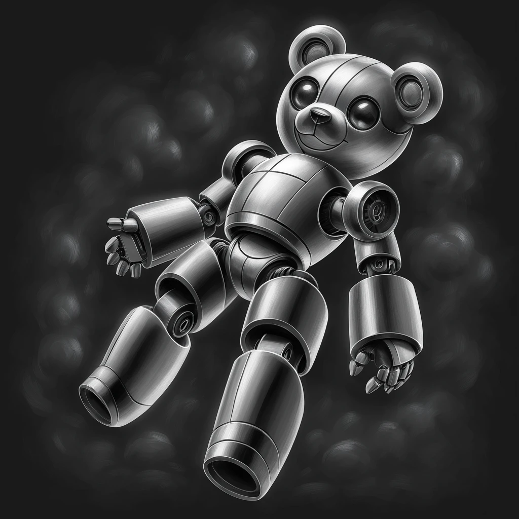 teddy bear robot in charcoal art style