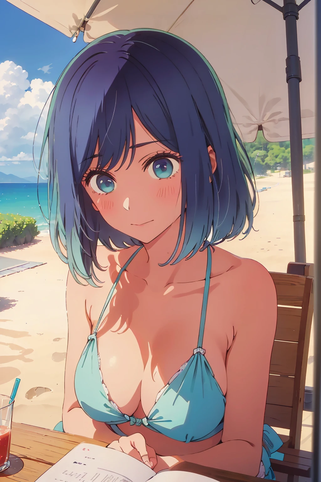 (Highest quality:1.4、masterpiece:1.4、Super detailed:1.4、8K:1.4)、((((1 person、Surprised expression、sit、Outdoor café terrace、coastal、juice、table、Sandy Beach、juiceのグラスを持つ、Plain Bikini、The depth of the written world、Very soft boobs、Big eyes、Very cute face))))、F cup bust、Medium breast