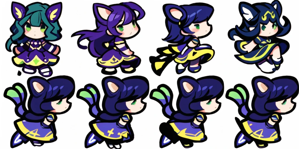 a close up of a cartoon character with different poses, spritesheet, sprite sheet, with familiar sprites, sprites, fairy girl, morgana, default pose neutral expression, twirling, sprite 2 d, shady, green fairy, smol, multiple poses, cute chibi, kawaii