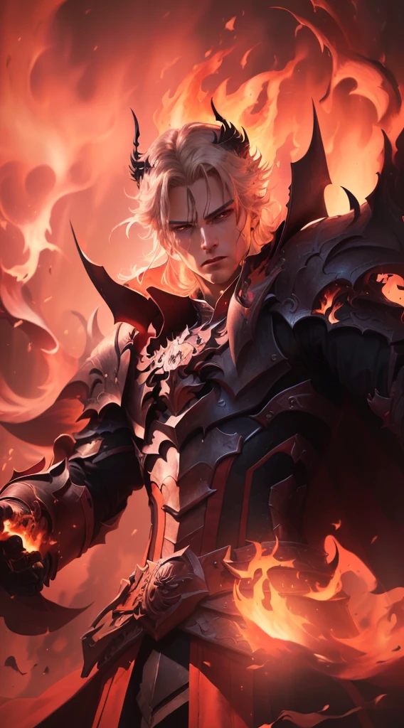 a close up of a man with a sword and a fire, onmyoji detailed art, ruler of inferno, infernal enigma, dragon knight, the former demon king, demon male, portrait of hades, (best quality,4k,8k,highres,masterpiece:1.2),ultra-detailed,(realistic,photorealistic,photo-realistic:1.37),highly detailed face and eyes,extremely detailed facial features,extremely detailed eyes,sharp focus,physically-based rendering,vivid colors,dramatic lighting,dark fantasy,dark art,chiaroscuro,dramatic color palette,cinematic lighting,moody atmosphere,mystical,occult,supernatural,dark powers,demonic,hellfire,infernal,scorching flames,blazing fire,glowing embers,intense shadows,dramatic pose,powerful stance