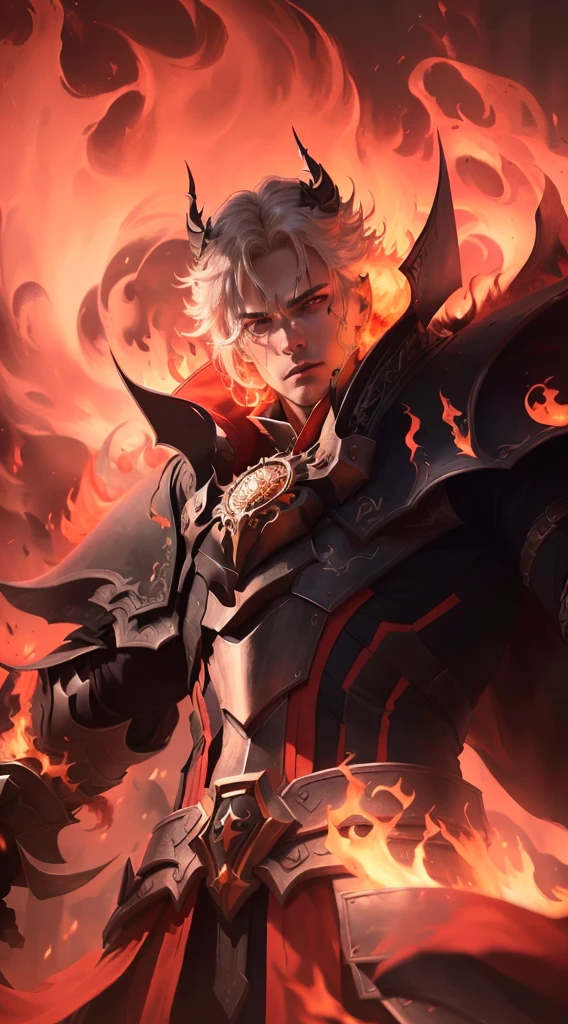 a close up of a man with a sword and a fire, onmyoji detailed art, ruler of inferno, infernal enigma, dragon knight, the former demon king, demon male, portrait of hades, (best quality,4k,8k,highres,masterpiece:1.2),ultra-detailed,(realistic,photorealistic,photo-realistic:1.37),highly detailed face and eyes,extremely detailed facial features,extremely detailed eyes,sharp focus,physically-based rendering,vivid colors,dramatic lighting,dark fantasy,dark art,chiaroscuro,dramatic color palette,cinematic lighting,moody atmosphere,mystical,occult,supernatural,dark powers,demonic,hellfire,infernal,scorching flames,blazing fire,glowing embers,intense shadows,dramatic pose,powerful stance