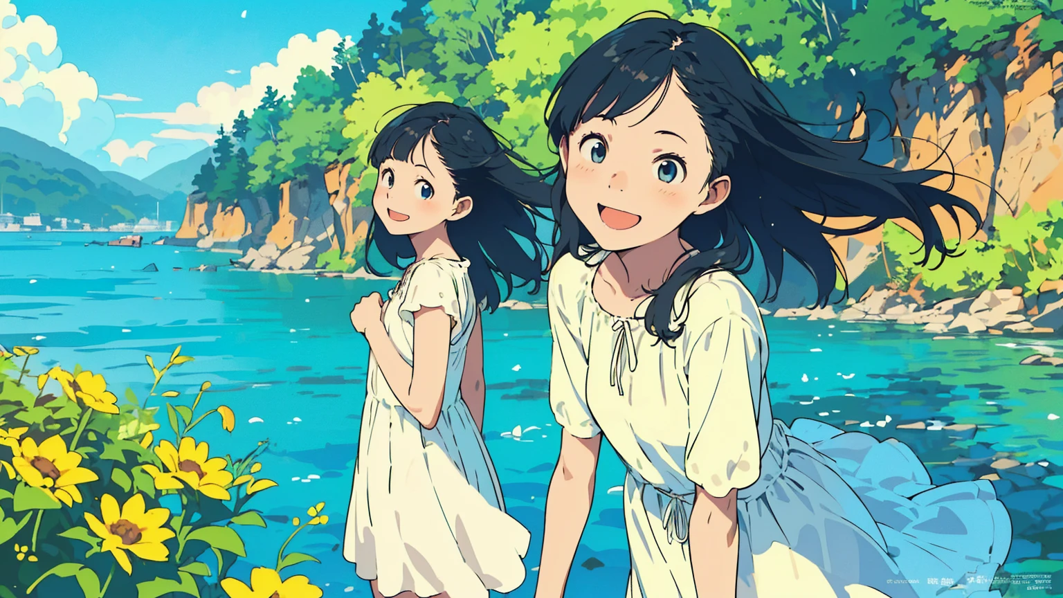 Reasonable design, Clear lines, High Sharpness, (Highest quality,8K,Perfect sharpness,Ultra fine,High resolution,masterpiece:1.2), Perfect Anatomy:1.5, Official Art, Illustrations that tell a story, (Whitish background:0. 9）、Body Positivity、多Mr.な身体表現、（Random and energetic poses）、Perfect beauty、Perfect beautiful face、Strong winds、A rich expression、Dynamic composition、smile、Golden ratio composition、colorful、（(Mr.々Different angles and perspectives)）、Anime Art、(Mini dress)、（Overcoming stereotypes）、 Glowing Skin、（Natural beauty）、smile、Bangs、（Soft and flowing hair）、（countryside）、（Nostalgic atmosphere）、Put it up to your thighs、（Playful and carefree）、（多Mr.な民族のキャラクター）、（innocent attitude）、（Sunny atmosphere）、(The skirt flutters wildly in the wind)、（Bright colors）、Beautiful Eyes、(Embarrassing)、Braided Hair、Summer Scene、Smiling among flowers、Side angle、