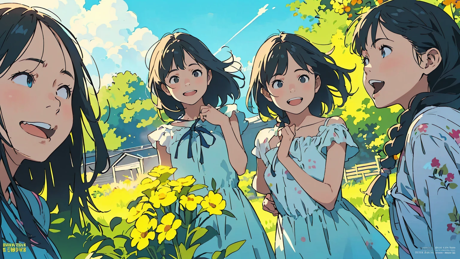 Reasonable design, Clear lines, High Sharpness, (Highest quality,8K,Perfect sharpness,Ultra fine,High resolution,masterpiece:1.2), Perfect Anatomy:1.5, Official Art, Illustrations that tell a story, (Whitish background:0. 9)、Body Positivity、多Mr.な身体表現、(Random and energetic poses)、Perfect beauty、Perfect beautiful face、Strong winds、A rich expression、Dynamic composition、smile、Golden ratio composition、colorful、((Mr.々Different angles and perspectives))、Anime Art、(Mini dress)、(Overcoming stereotypes)、 Glowing Skin、(Natural beauty)、smile、Bangs、(Soft and flowing hair)、(countryside)、(Nostalgic atmosphere)、Put it up to your thighs、(Playful and carefree)、(多Mr.な民族のキャラクター)、(innocent attitude)、(Sunny atmosphere)、(The skirt flutters wildly in the wind)、(Bright colors)、Beautiful Eyes、(Embarrassing)、Braided Hair、Summer Scene、Smiling among flowers、Side angle、