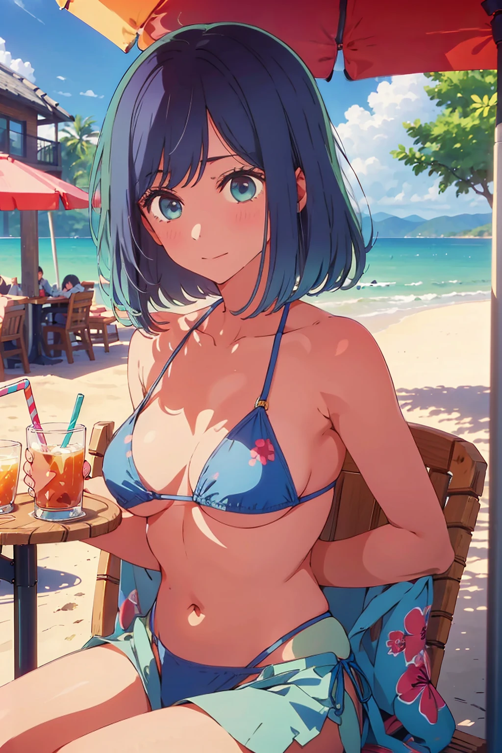 (Highest quality:1.4、masterpiece:1.4、Super detailed:1.4、8K:1.4)、((((1 person、Surprised expression、sit、Outdoor café terrace、coastal、juice、table、Sandy Beach、juiceのグラスを持つ、Plain Bikini、Very soft boobs、Big eyes、Very cute face))))、F cup bust、Medium breast