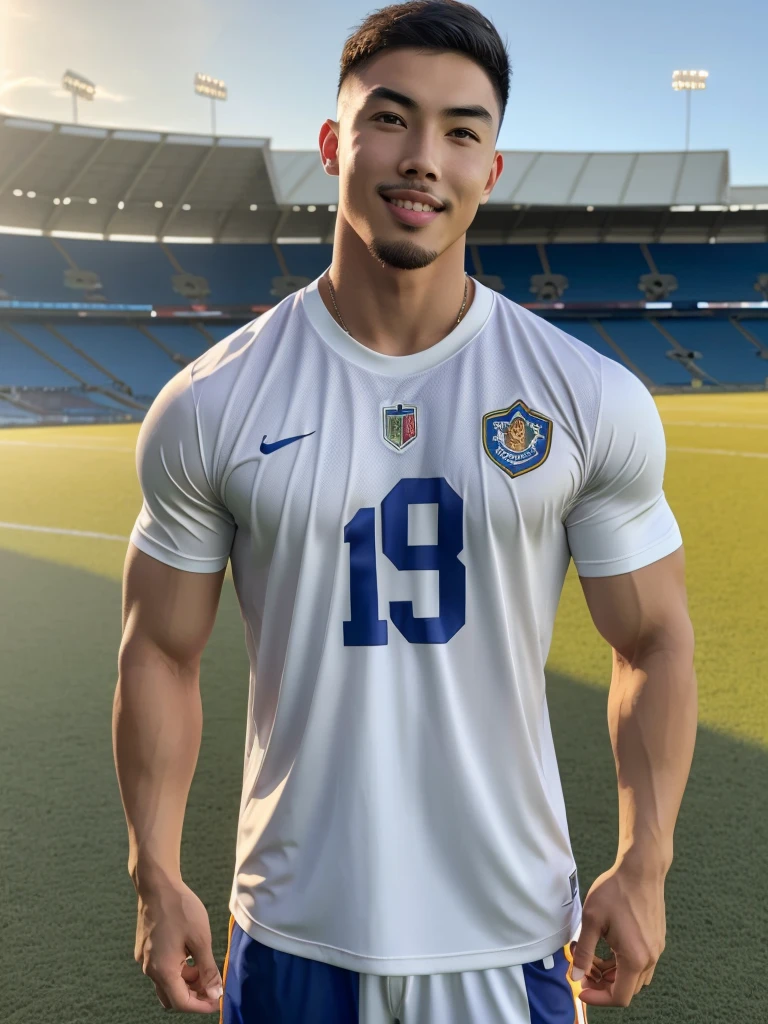 Tony Labrusca, young asian man Looking at the camera in a sports shirt , Fieldside, beach, sunlight, looking at the football field