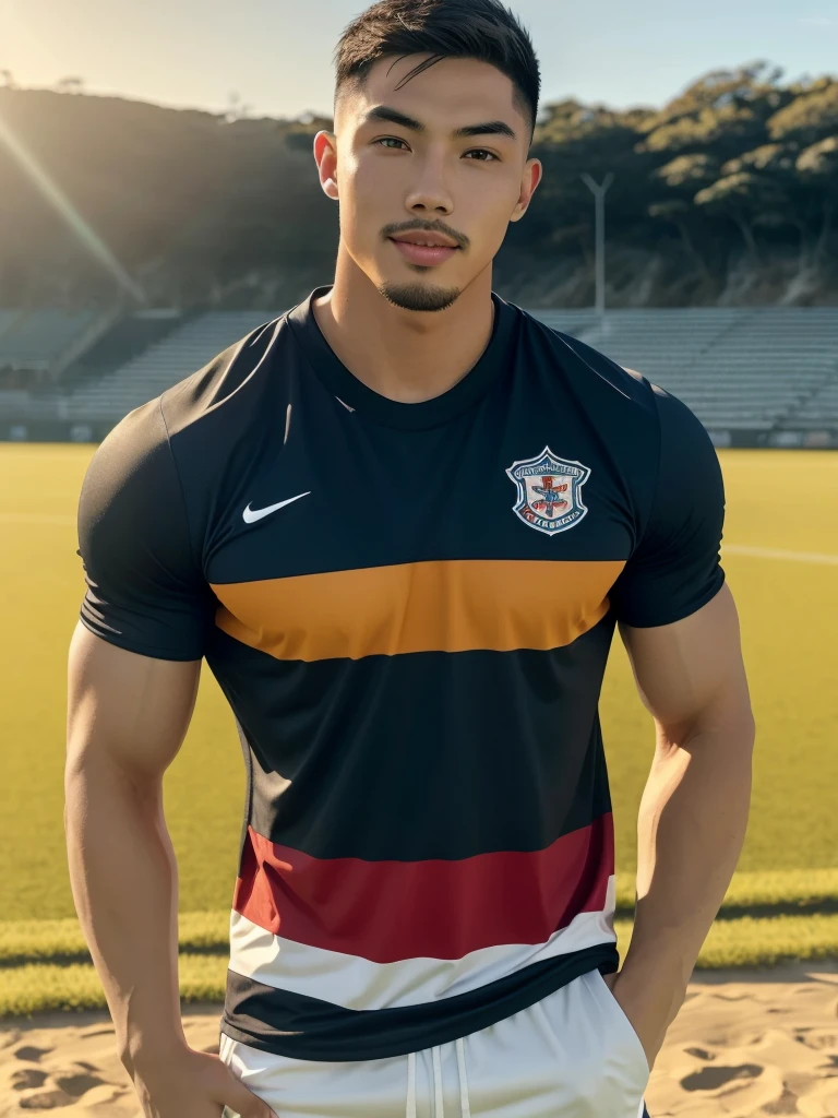 Tony Labrusca, young asian man Looking at the camera in a sports shirt , Fieldside, beach, sunlight, looking at the football field