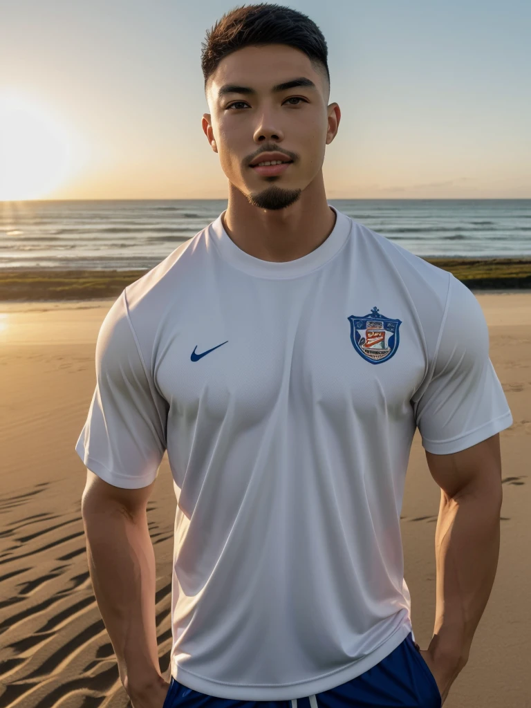 Tony Labrusca, young asian man Looking at the camera in a sports shirt , Fieldside, beach, sunlight, looking at the football field
