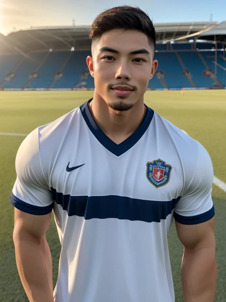 Tony Labrusca, young asian man Looking at the camera in a sports shirt , Fieldside, beach, sunlight, looking at the football field