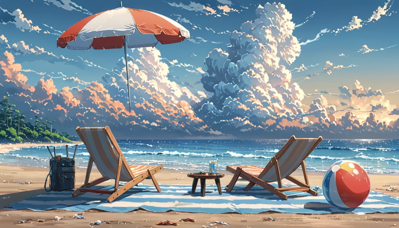 ((Anime: 1.4, Illustration)), (Masterpiece, Top Quality, Best Quality), (Ultra-Detailed, Absolutely Resolution), ((16k, HIGH RES)) (Summer, Beach, Cumulonimbus Cloud, Parasol, Beach Ball), ( Anime: 1.4, Illustration)), (Masterpiece, Top Quality, Best Quality), (Ultra-Detailed, Absolutely Resolution). Ak {Lofi Art, Style of Laurie Greasley, Style of Makoto Shinkai, Anime Aesthetic}, BREAK {(Produces IMAGES WITH ITH INFORMATION THAN 40 Million Pixels with Cinematic-Like Detailed Textures S Hot on a Sony slur).}